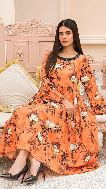 Ladies  Suit PP00681 – Orange Floral Design 2 Piece Shamooz Silk