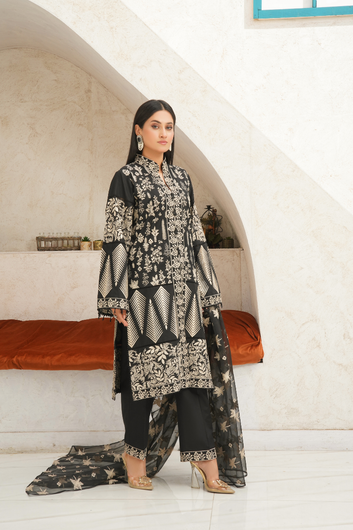 3-Piece Embroidered Black  Suit Stitched  – Gold Details - PP00241