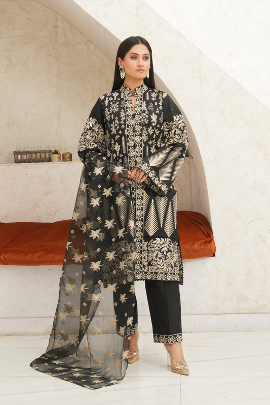 3-Piece Embroidered Black  Suit Stitched  – Gold Details - PP00241