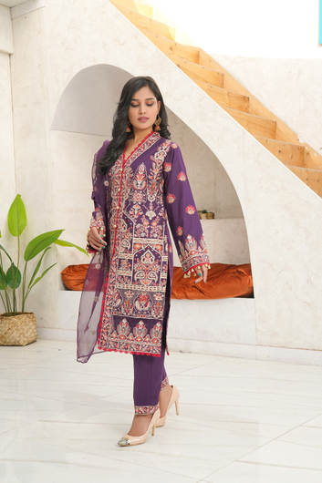 3-Piece Embroidered Stitched Suit – Royal Purple Heritage - PP00242