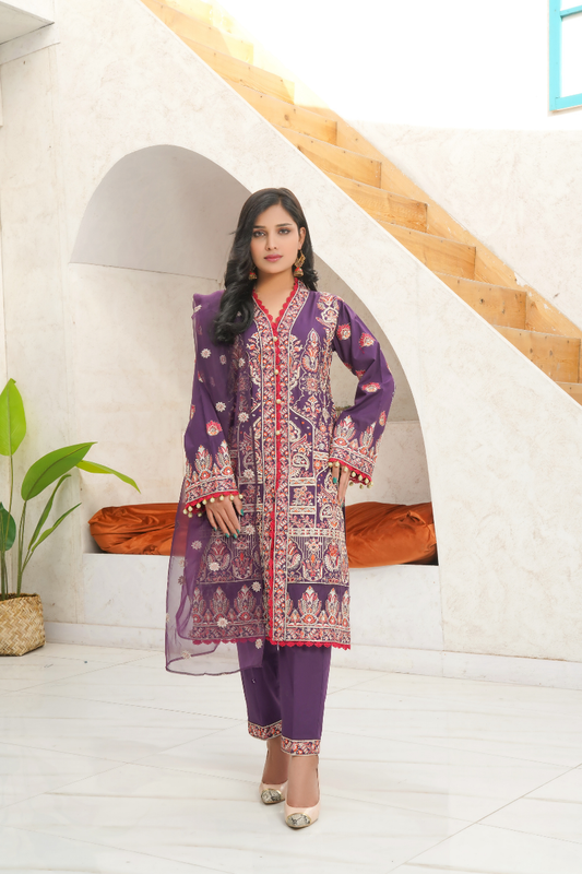 3-Piece Embroidered Stitched Suit – Royal Purple Heritage - PP00242