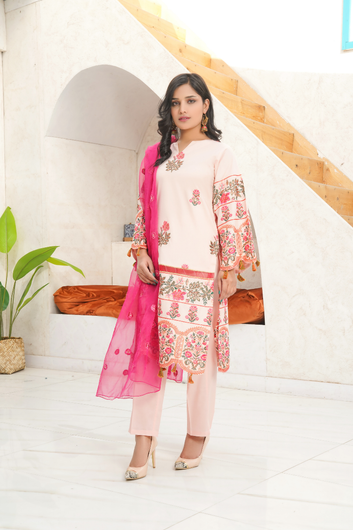 3-Piece  Stitched Suit – Blush Pink & Fuchsia Bloom - PP00245