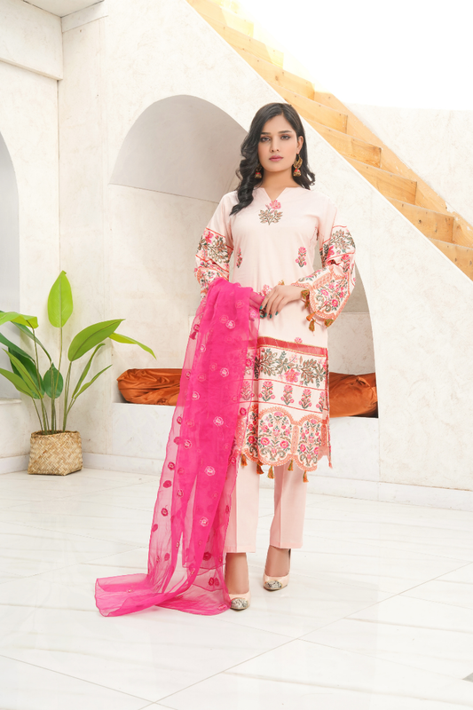 3-Piece  Stitched Suit – Blush Pink & Fuchsia Bloom - PP00245