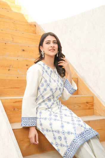 2-Piece Embroidered Stitched Suit – Ivory & Blue Classic - PP00246