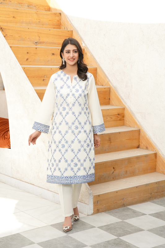 2-Piece Embroidered Stitched Suit – Ivory & Blue Classic - PP00246