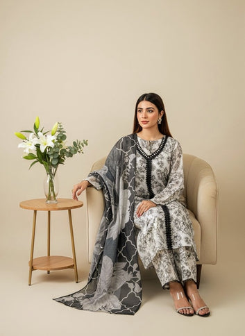 Ladies Suit PP00278 – Grey Floral Printed 3 Piece Satton