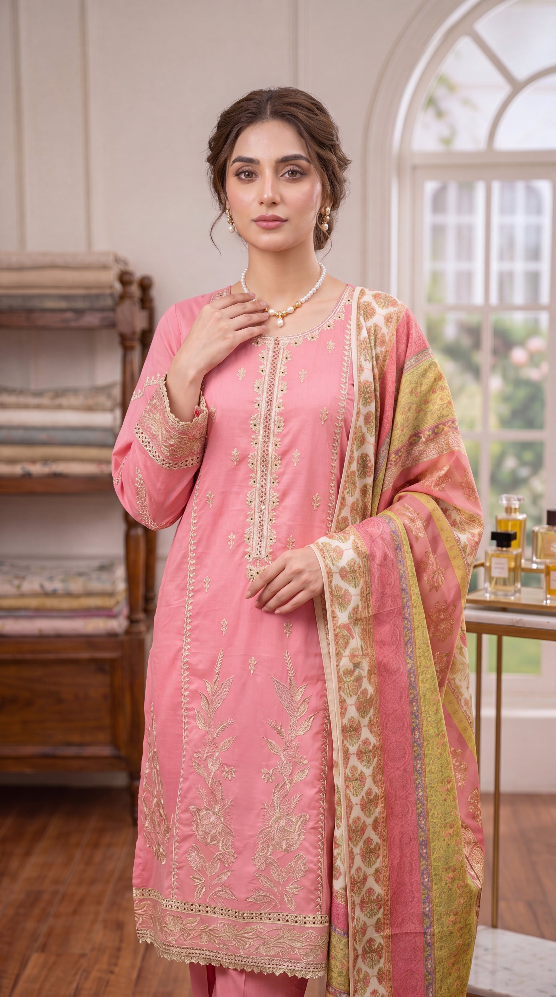 Pastel Pink Floral Emb & Jacquard Dobby Weave 3 Piece Embroidered Suit - PE00343 PINK / SML