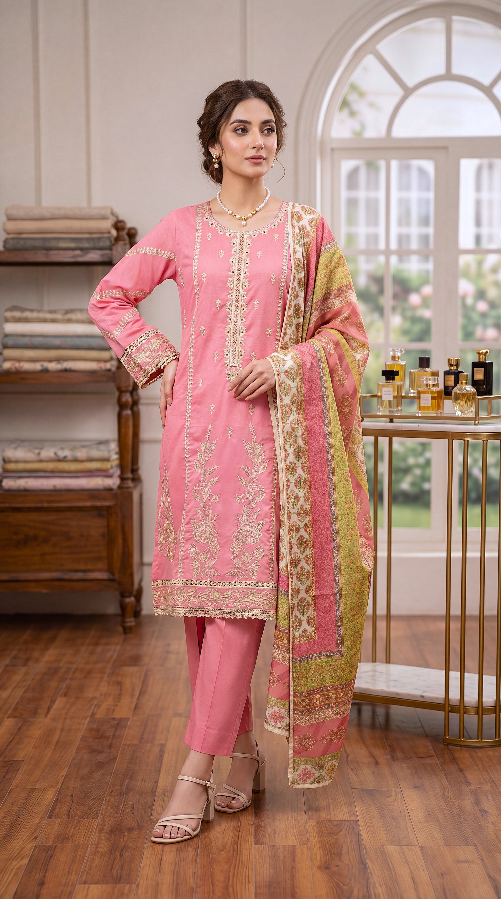 Pastel Pink Floral Emb & Jacquard Dobby Weave 3 Piece Embroidered Suit - PE00343 PINK / SML