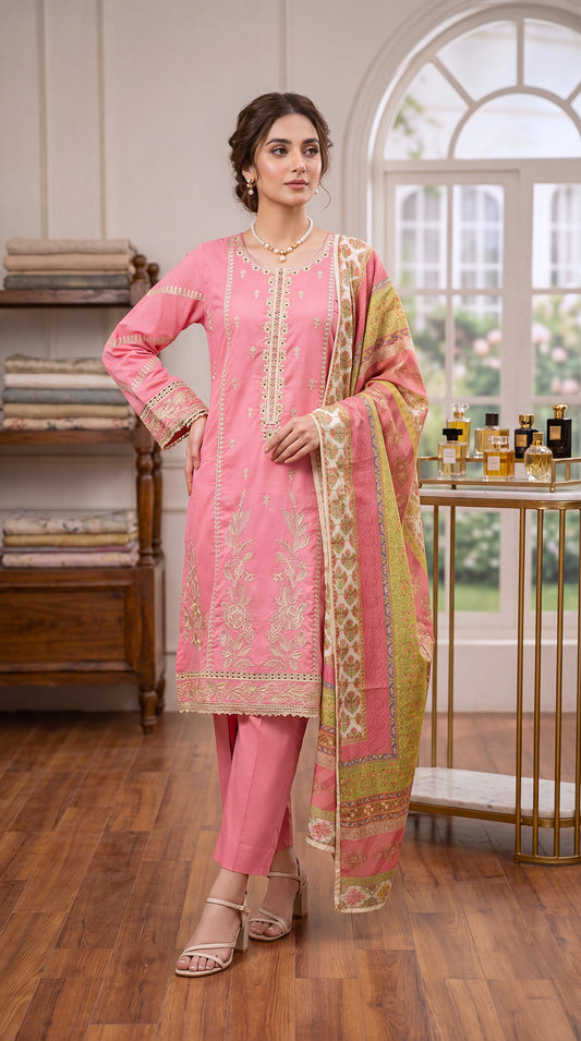 Pastel Pink Floral Emb & Jacquard Dobby Weave 3 Piece Embroidered Suit - PE00343 PINK / SML