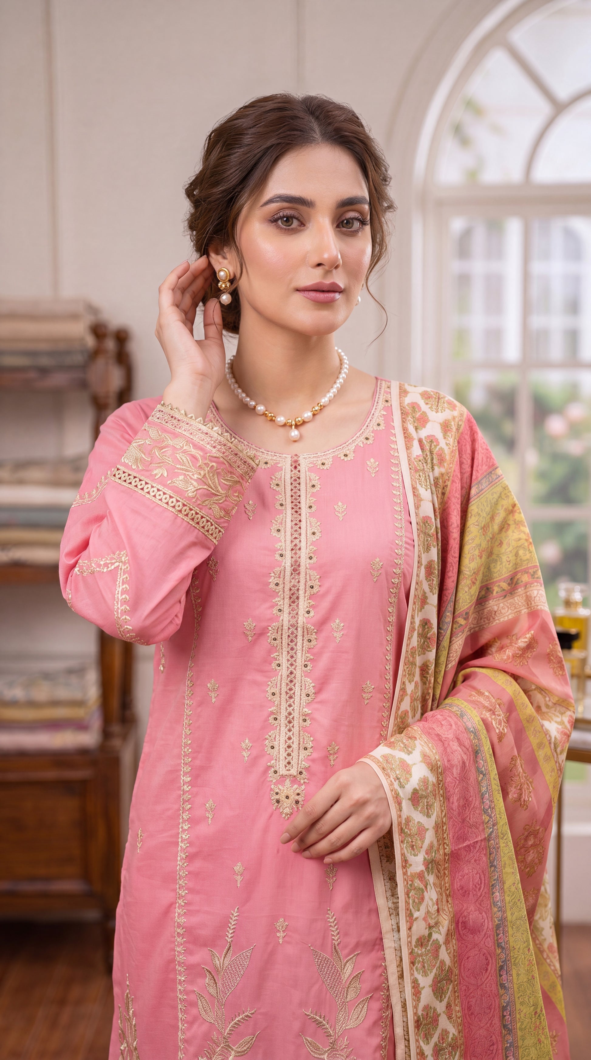 Pastel Pink Floral Emb & Jacquard Dobby Weave 3 Piece Embroidered Suit - PE00343 PINK / SML