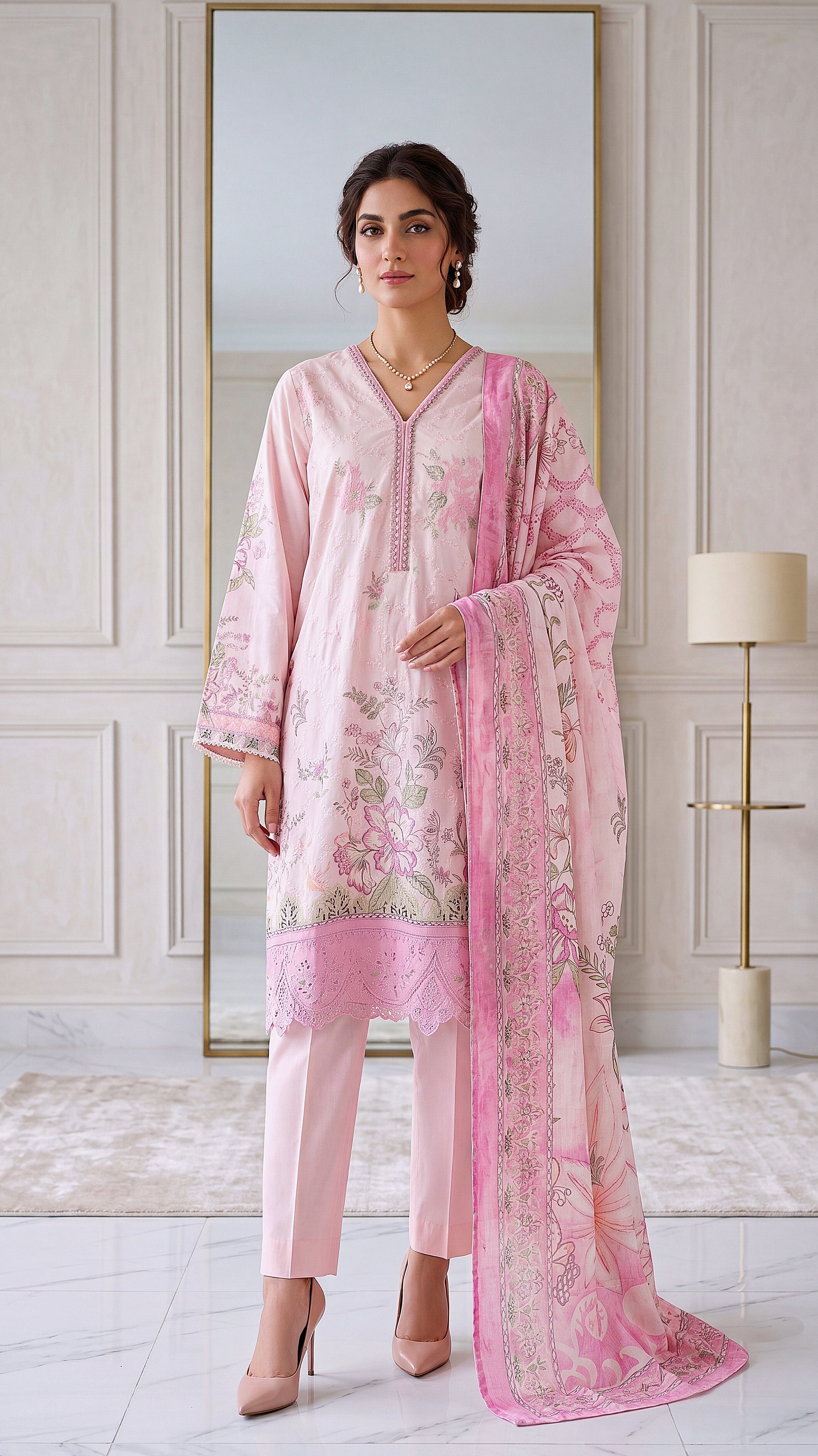Powder Blue Thread Work Neckline & Sequin Touch 3 Piece Embroidered Suit - PE00361 PINK / SML