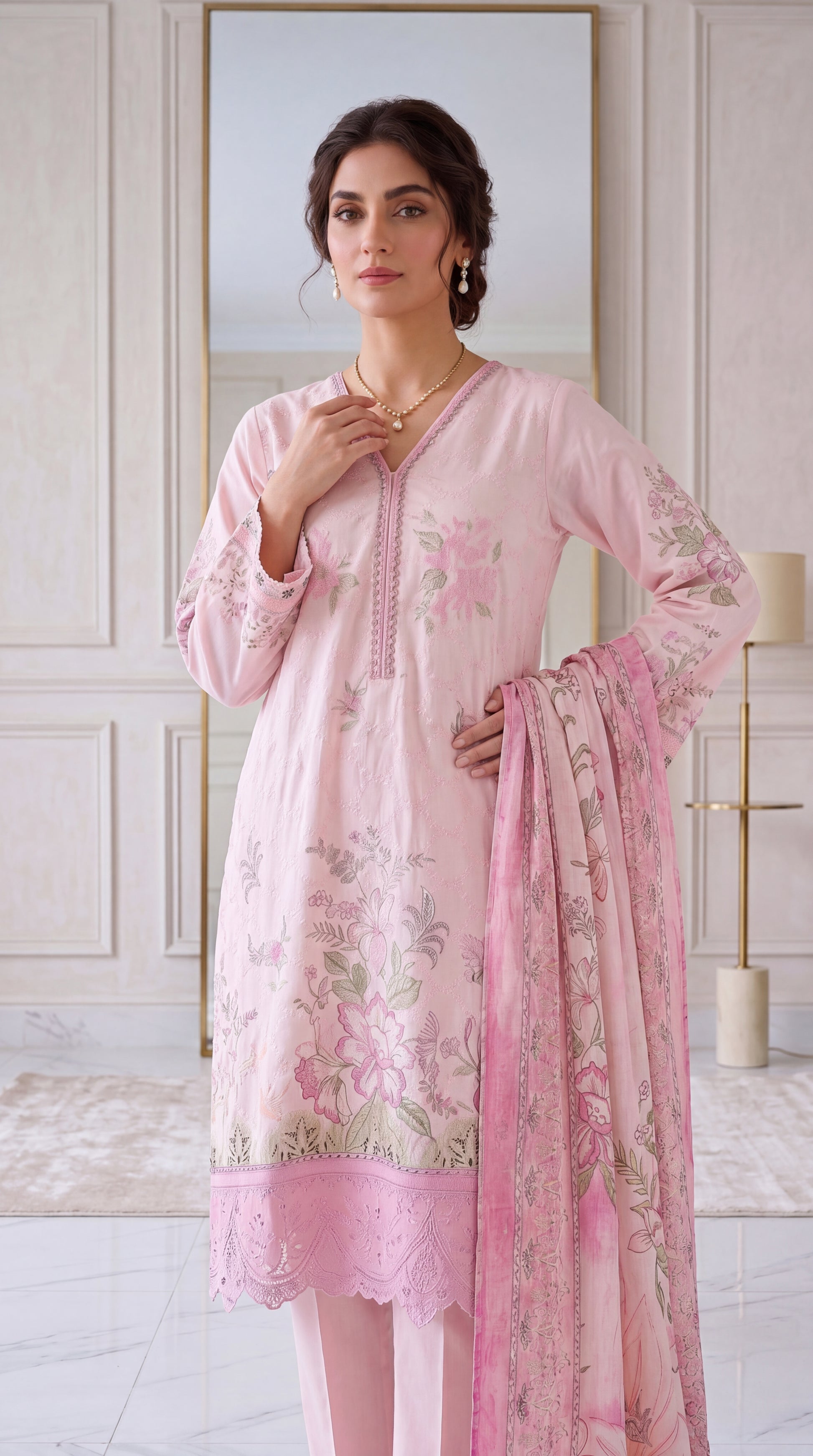 Powder Blue Thread Work Neckline & Sequin Touch 3 Piece Embroidered Suit - PE00361 PINK / SML