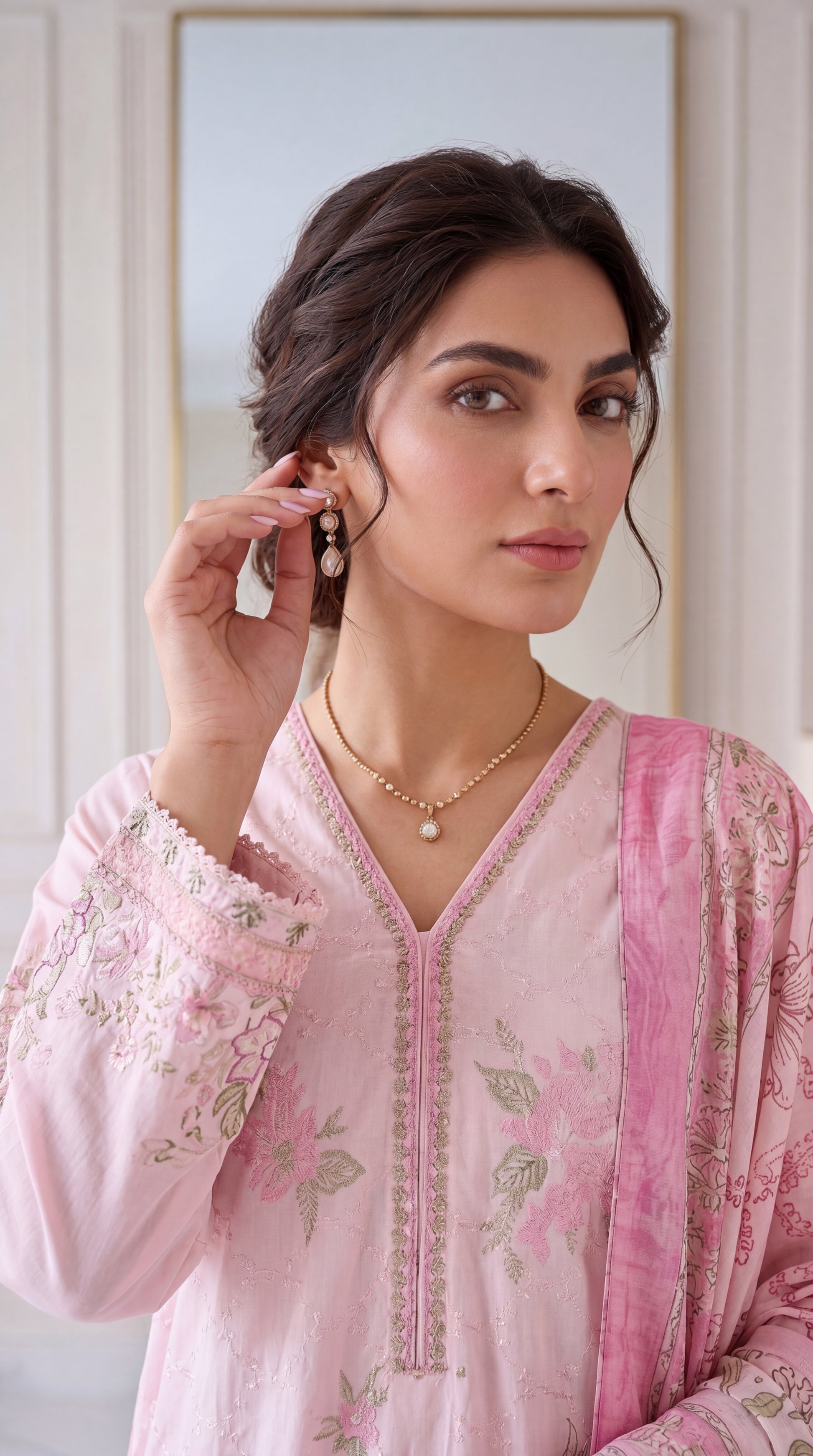 Powder Blue Thread Work Neckline & Sequin Touch 3 Piece Embroidered Suit - PE00361 PINK / SML