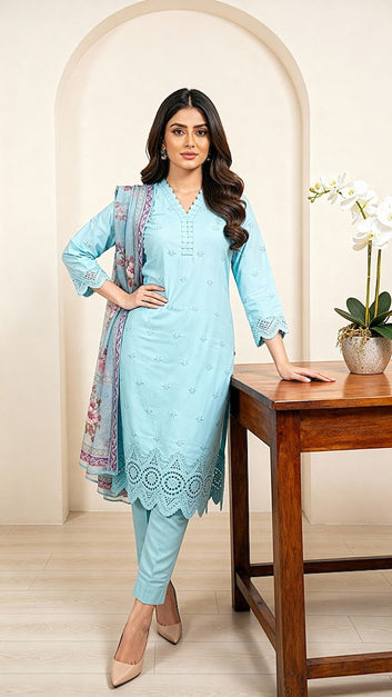 Ladies Suit PE00562 – Aqua Blue Embroidered  3 Piece Cambric