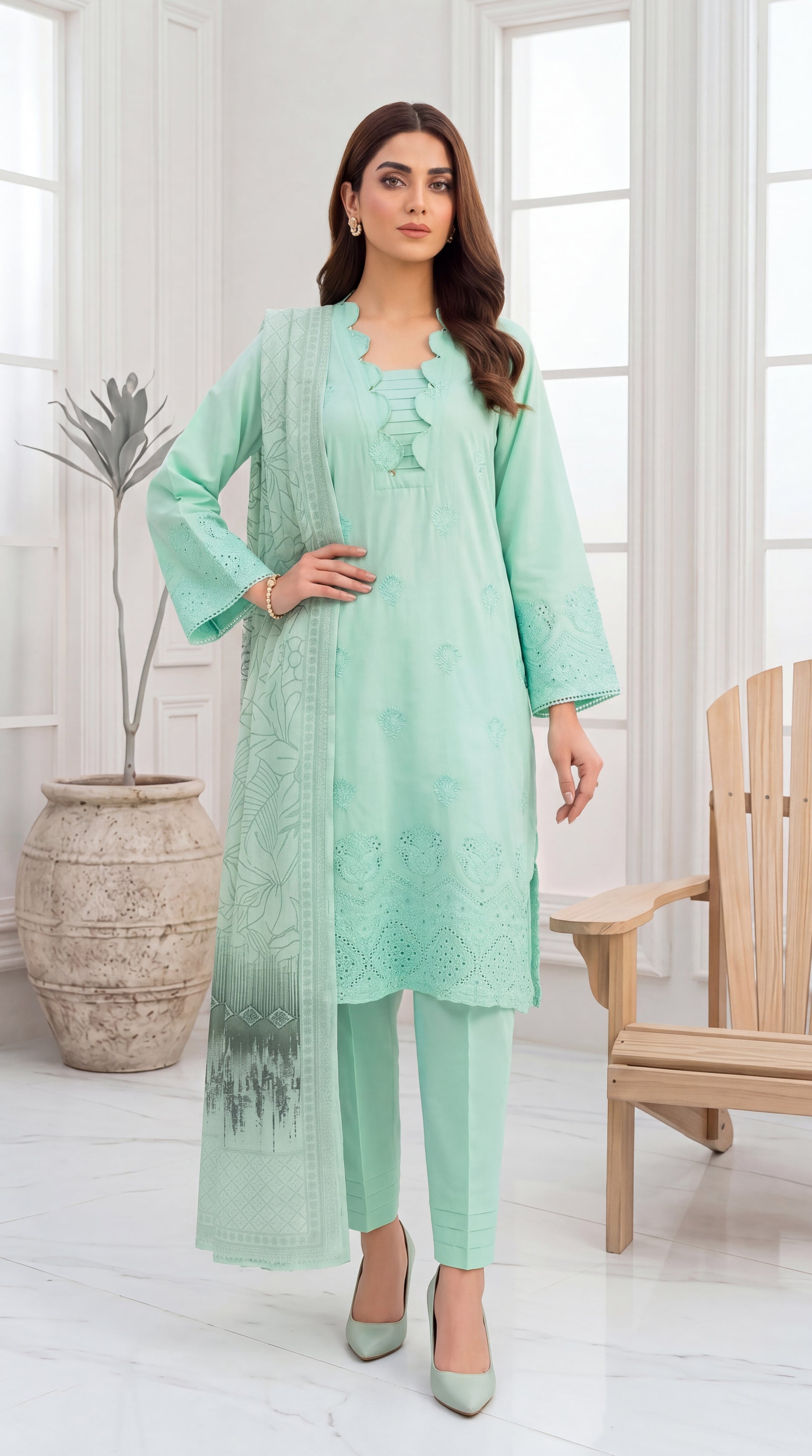 Mint Green Lace Border Dupatta & Emb Trouser 3 Piece Embroidered Suit - PE00569 FEROOZY / SML