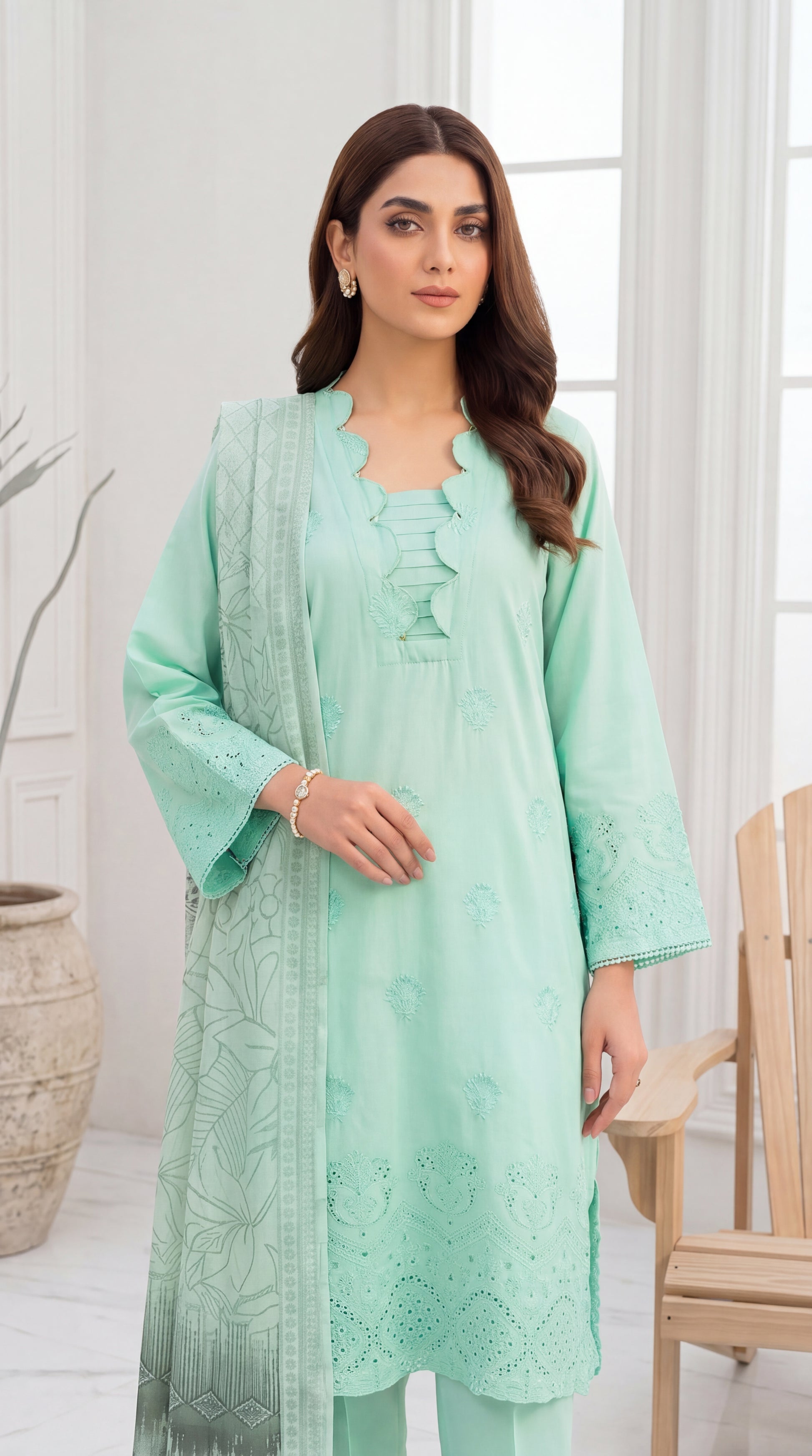 Mint Green Lace Border Dupatta & Emb Trouser 3 Piece Embroidered Suit - PE00569 FEROOZY / SML