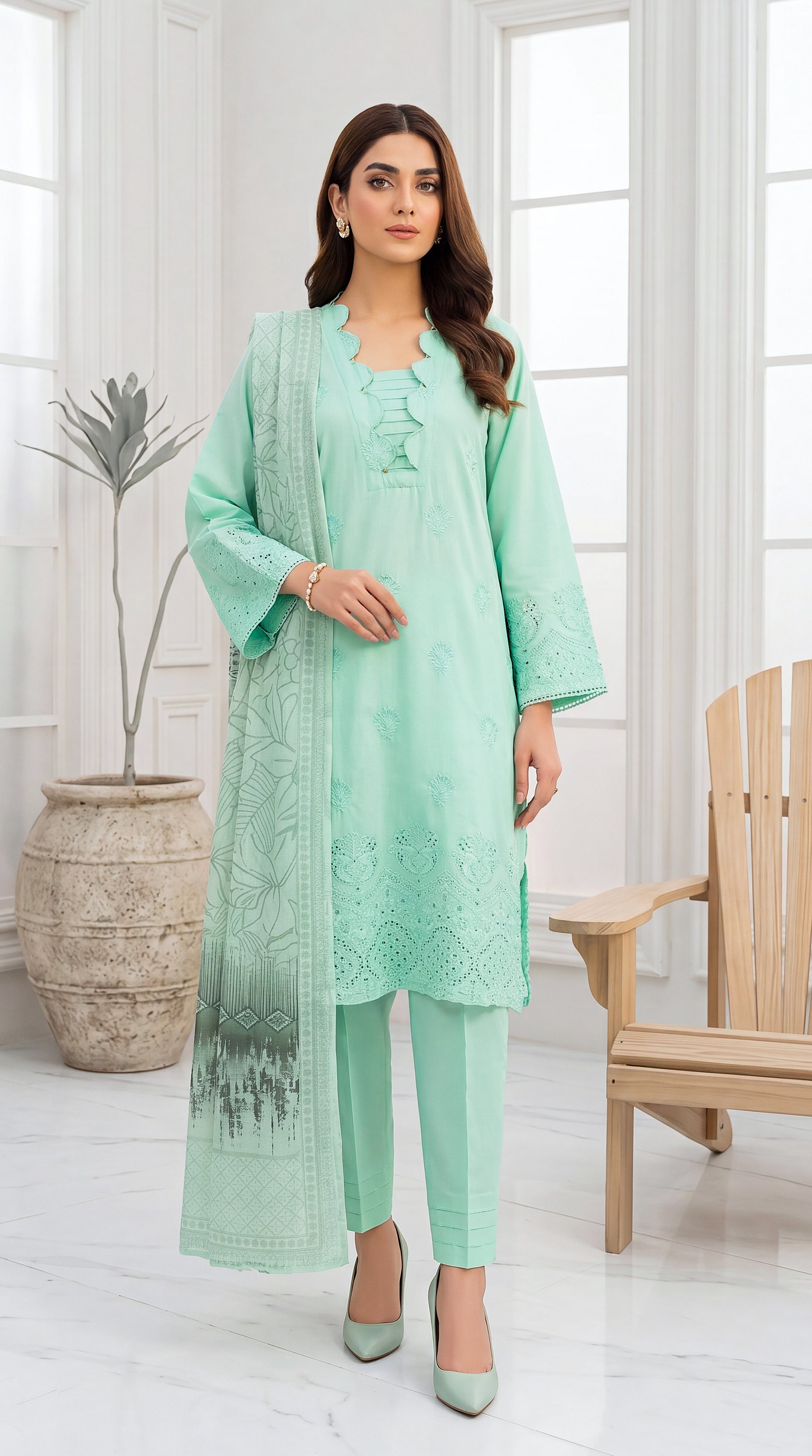 Mint Green Lace Border Dupatta & Emb Trouser 3 Piece Embroidered Suit - PE00569 FEROOZY / SML