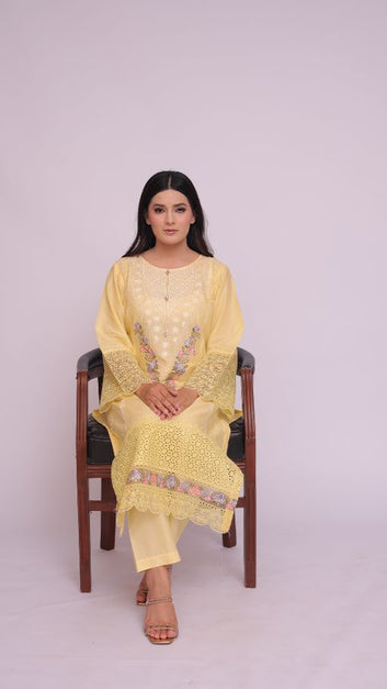 Ladies Stitched 3 pc Lemon Yellow  - PE00572