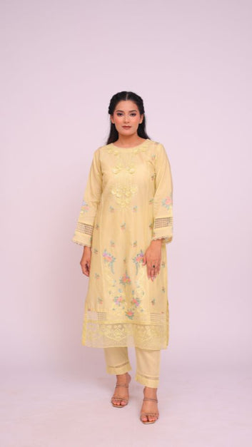 3 pc Stitched Pastel Yellow Floral Embroidery - PE00578