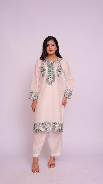 Ladies Suit PE00582 – White Green Embroidered 2 Piece Lawn