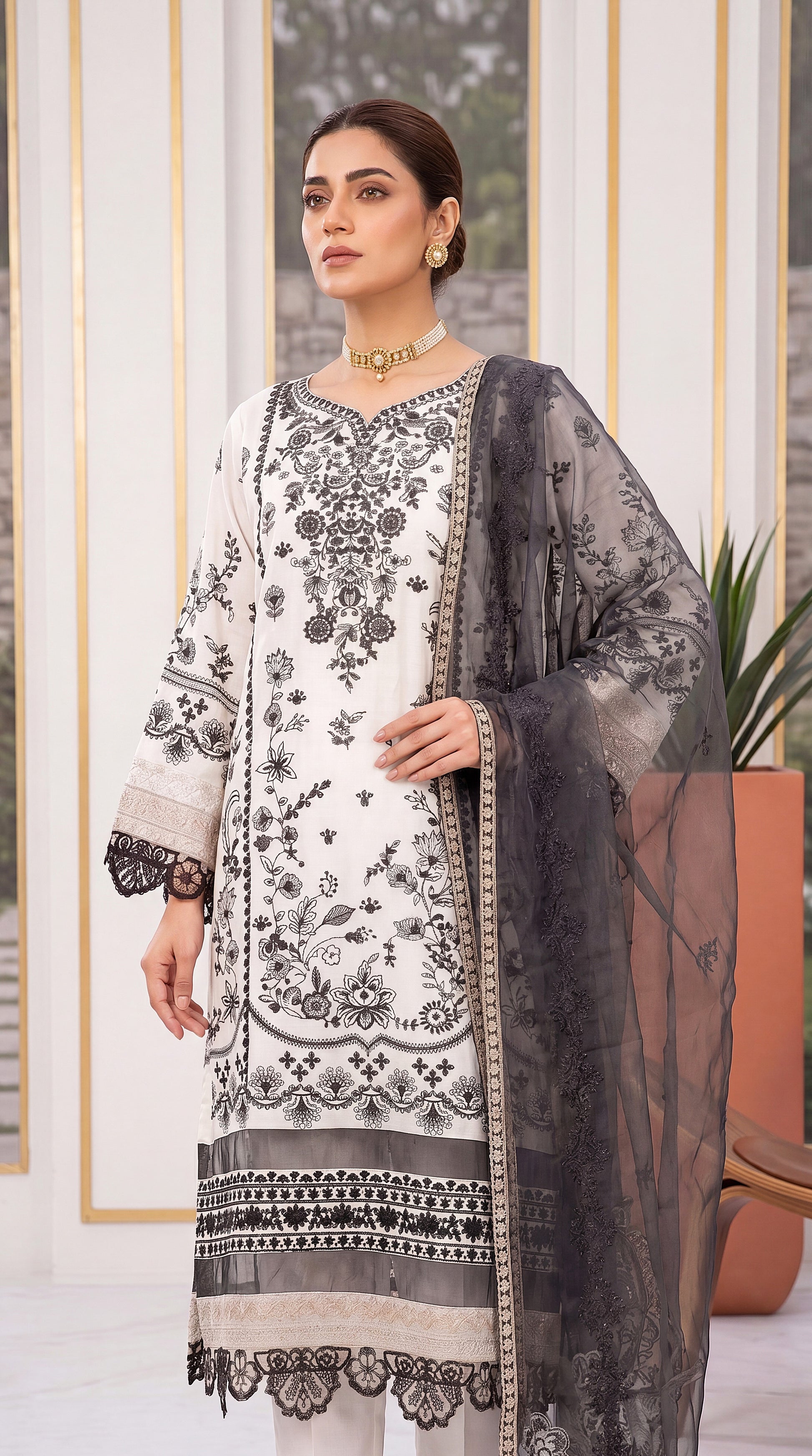 Ivory White Mirror Detailing & Aari Emb 3 Piece Embroidered Suit - PE00792 WHITE / SML