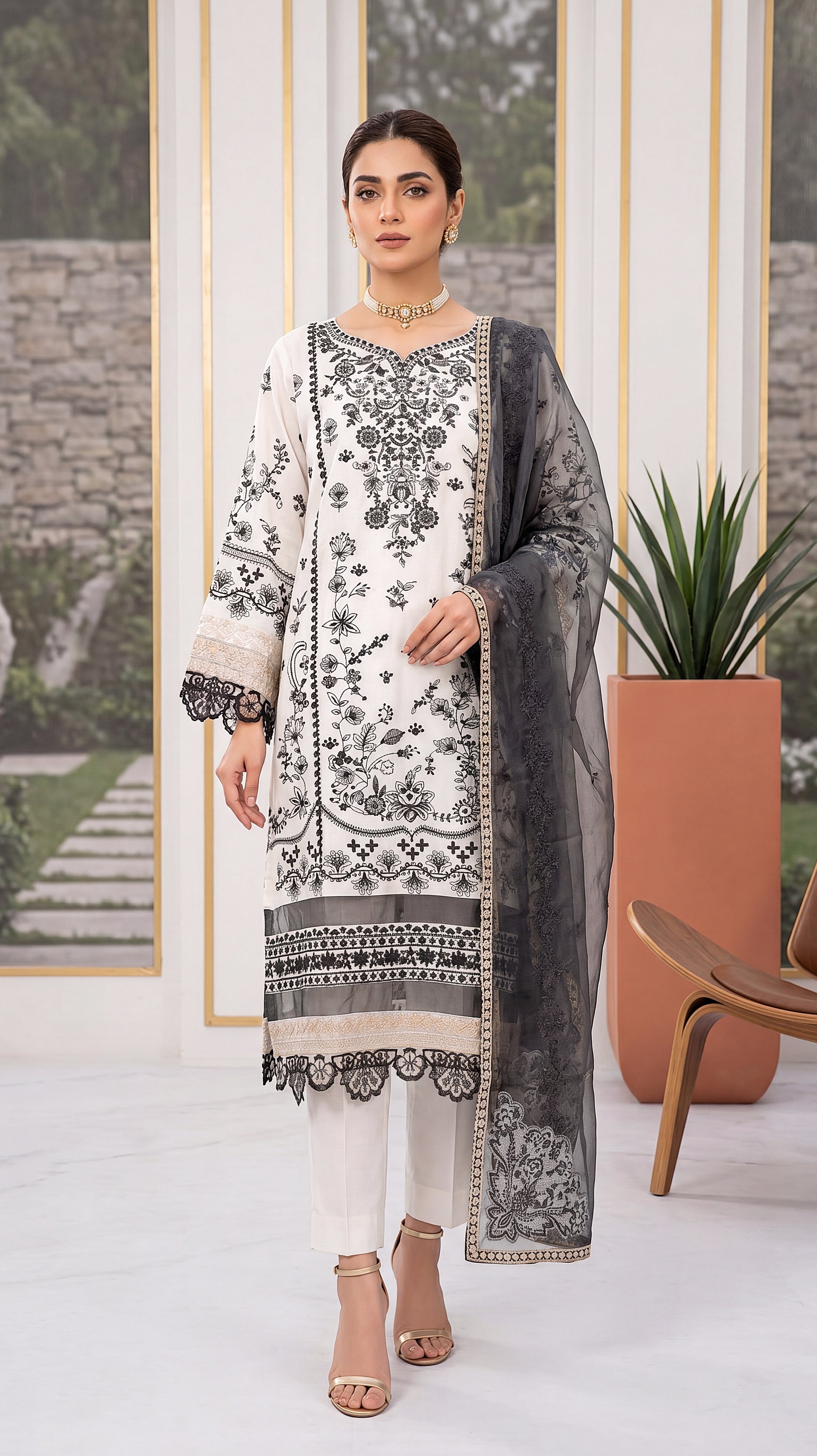 Ivory White Mirror Detailing & Aari Emb 3 Piece Embroidered Suit - PE00792 WHITE / SML