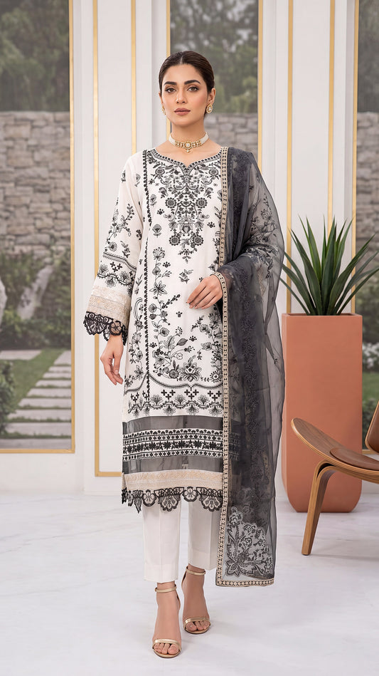 Ivory White Mirror Detailing & Aari Emb 3 Piece Embroidered Suit - PE00792 WHITE / SML