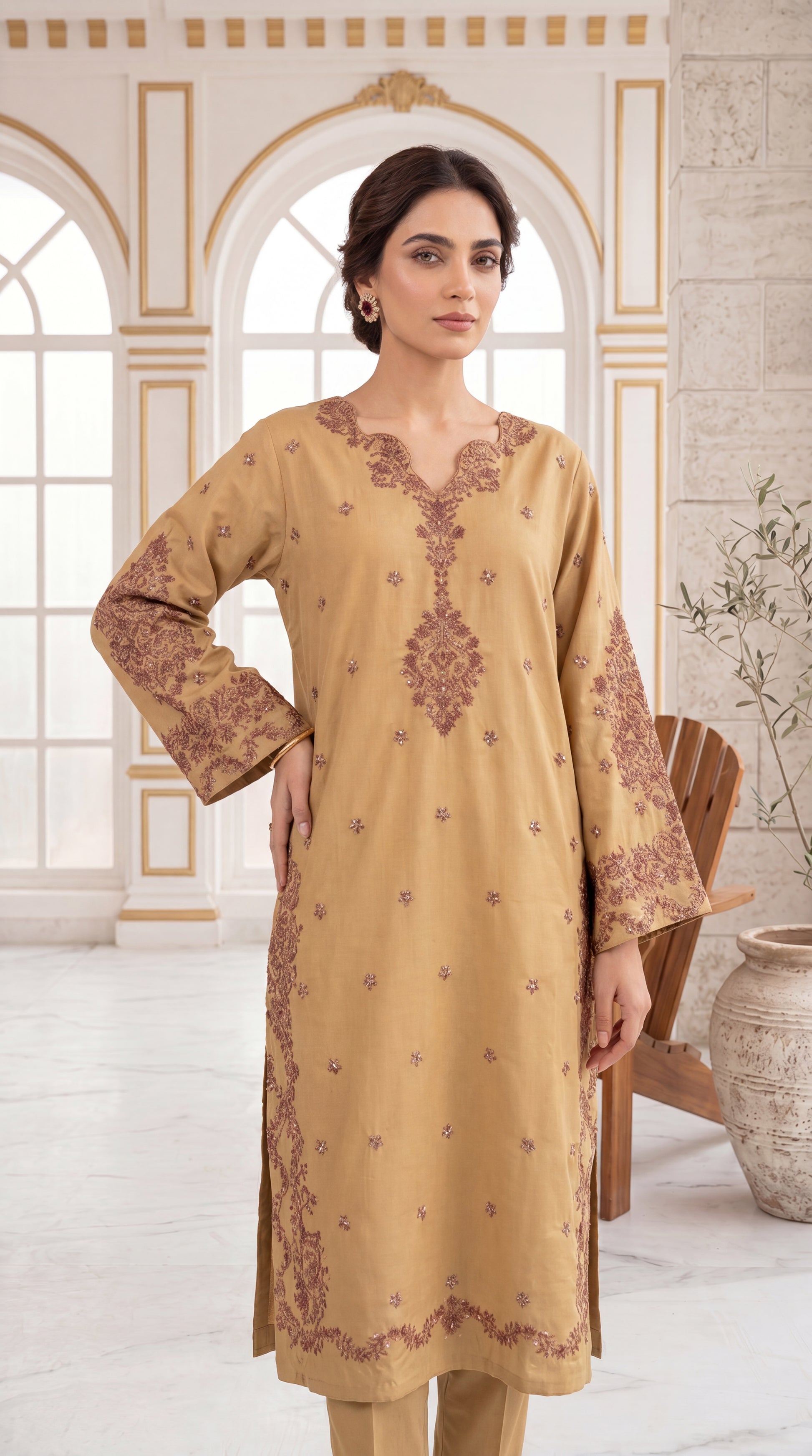 Charcoal Black Chikankari Work & Contrast Piping 3 Piece Embroidered Suit - PE00793 BROWN / SML