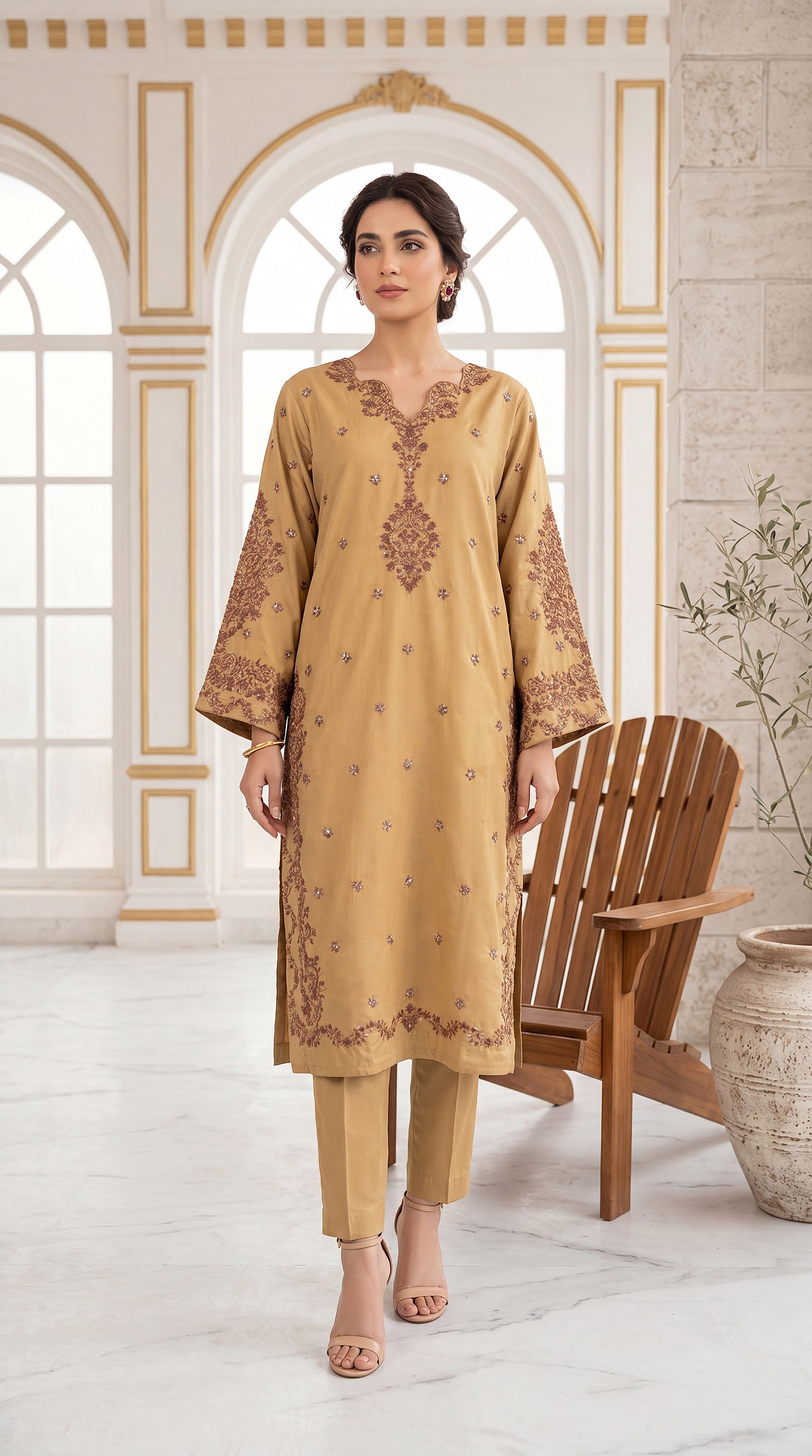 Charcoal Black Chikankari Work & Contrast Piping 3 Piece Embroidered Suit - PE00793 BROWN / SML
