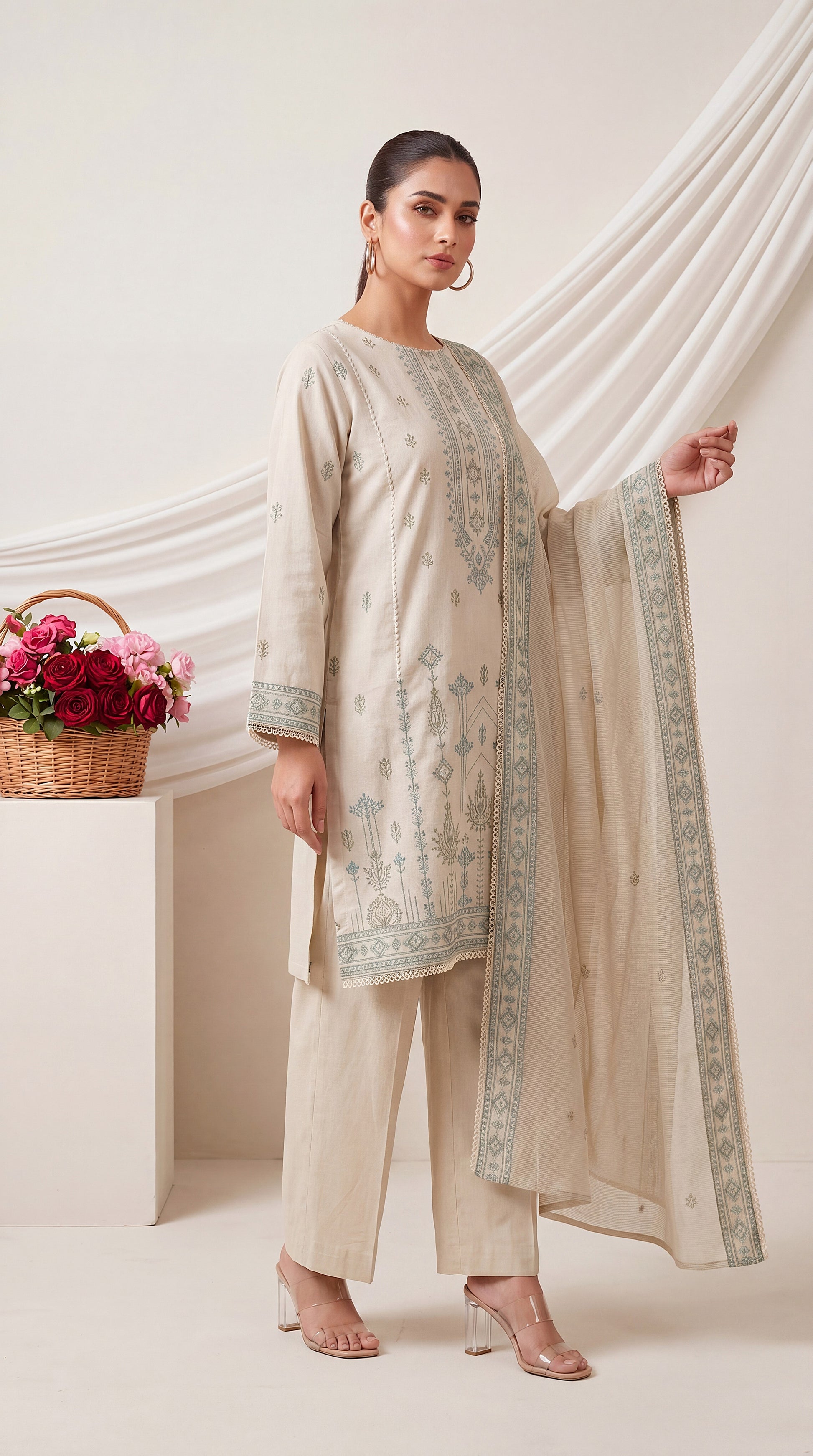 Ladies Suit | PE00853 | Geometric Embroidery & Embroidered Dupatta 3 Piece GRAY / SML