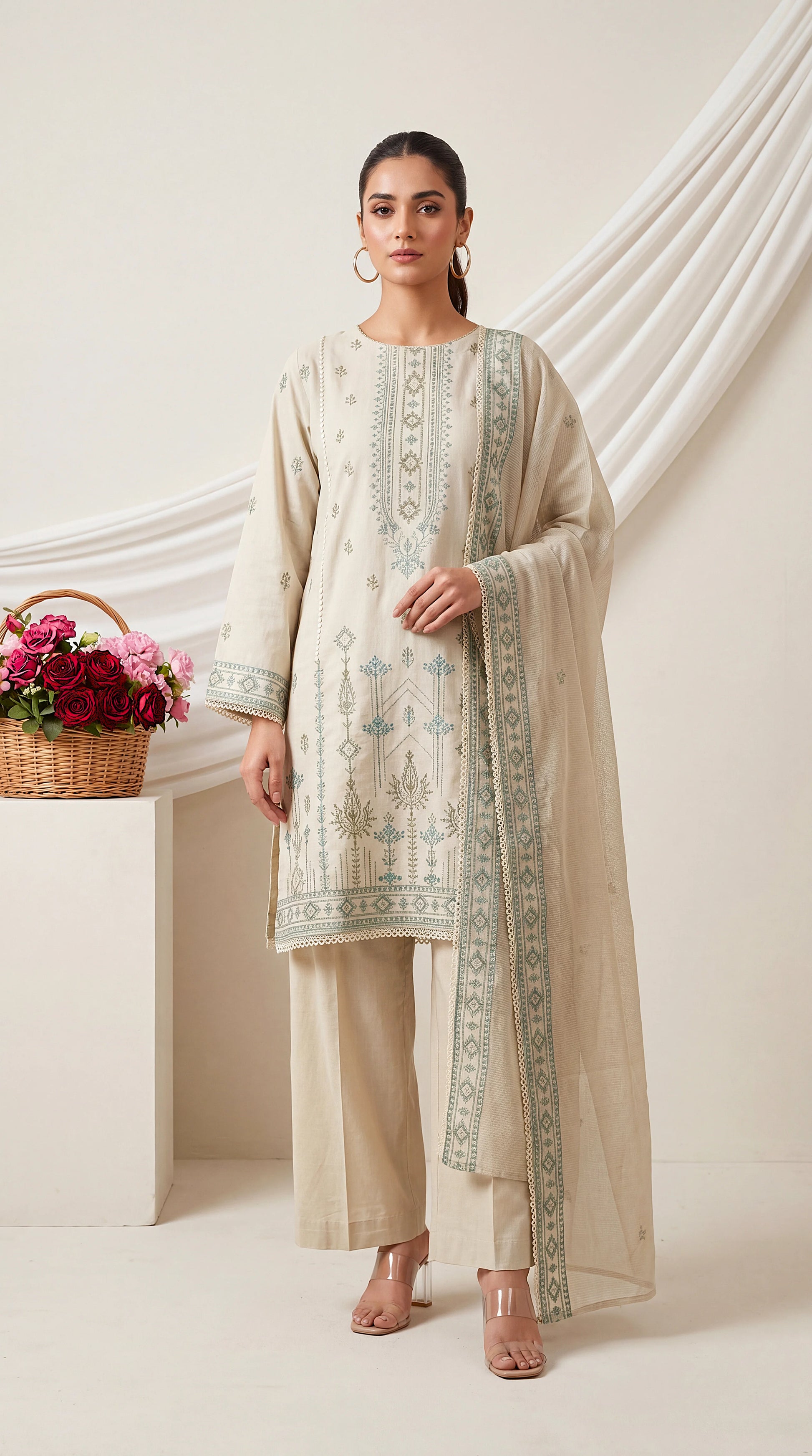 Ladies Suit | PE00853 | Geometric Embroidery & Embroidered Dupatta 3 Piece GRAY / SML