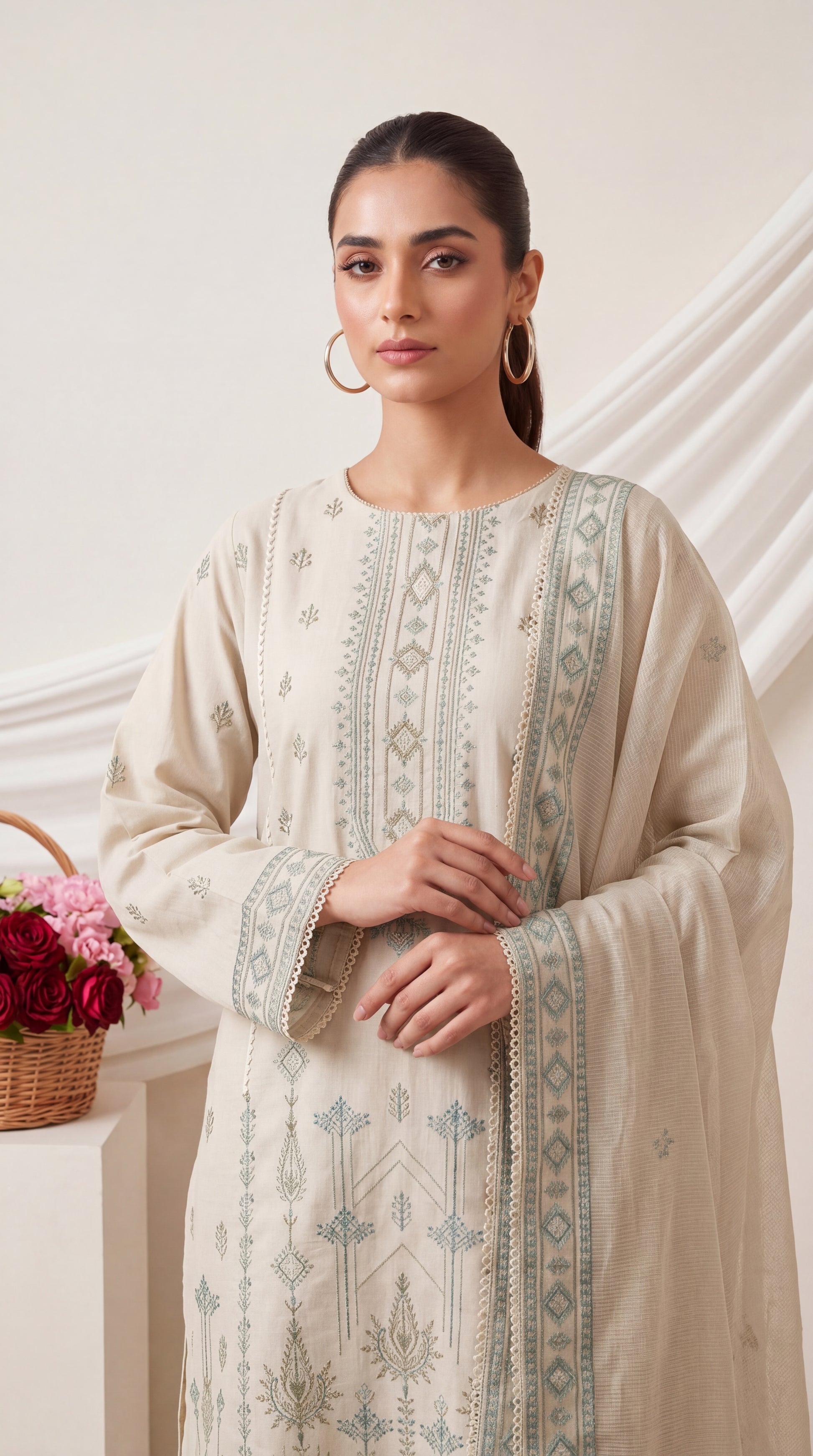 Ladies Suit | PE00853 | Geometric Embroidery & Embroidered Dupatta 3 Piece GRAY / SML