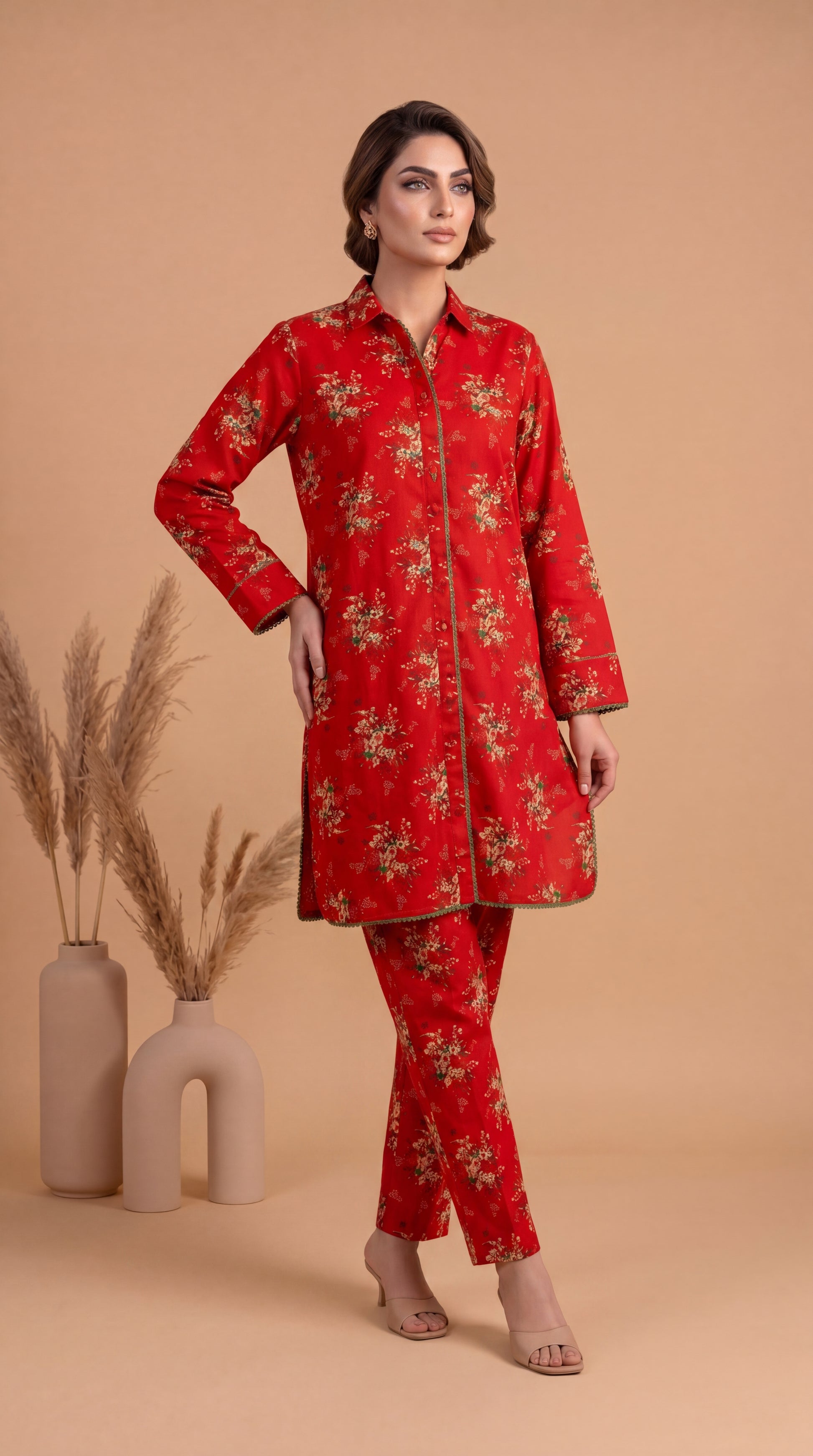 Women's Pret Wear PE00862 Red Floral Printed Co-Ord 2 Piece RED / SML