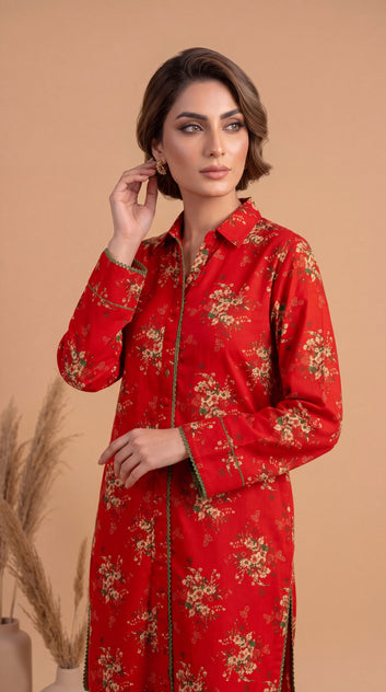 Women's Pret Wear PE00862 Red Floral Printed Co-Ord 2 Piece RED / SML