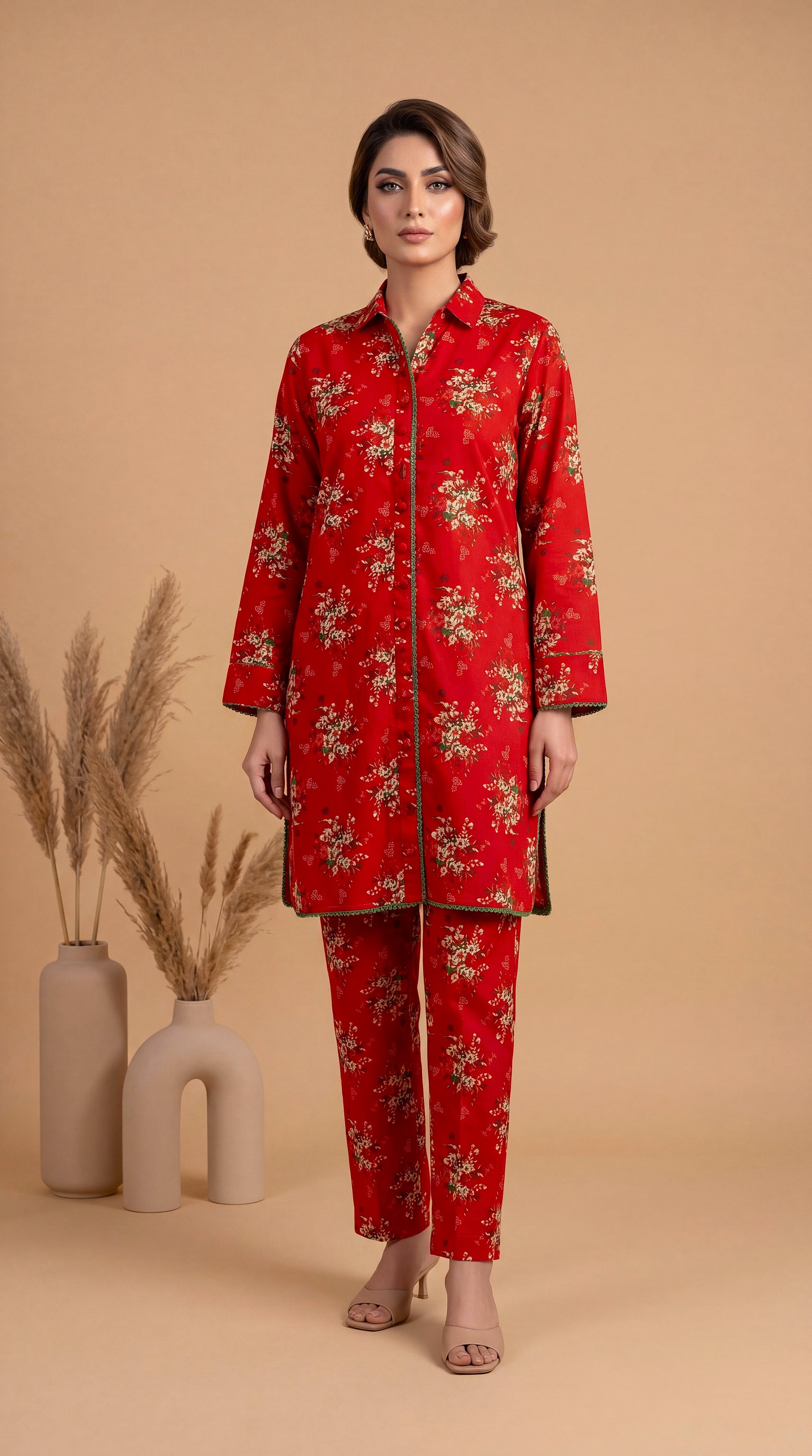 Women's Pret Wear PE00862 Red Floral Printed Co-Ord 2 Piece RED / SML