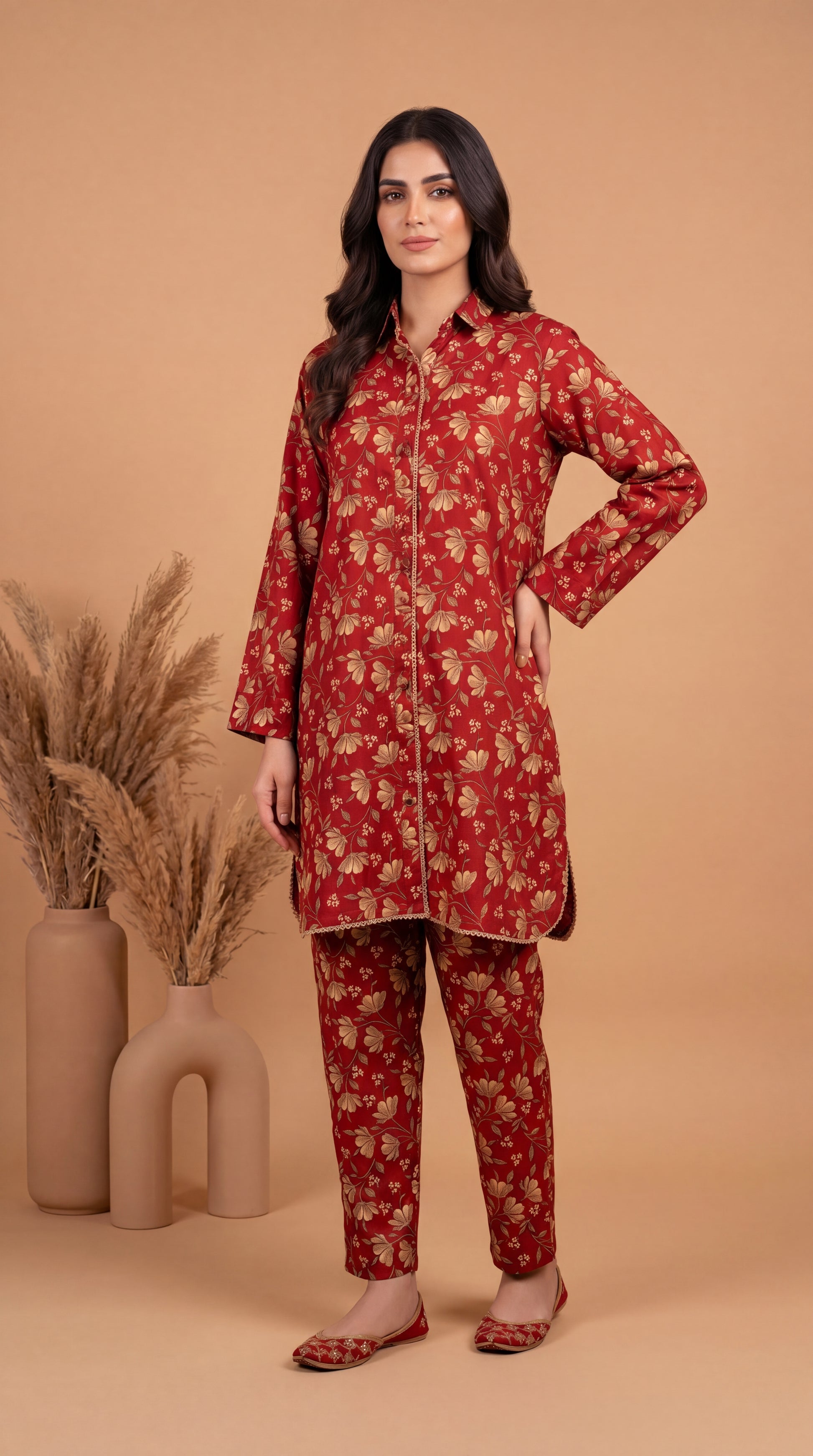 Women's Pret Wear PE00864 Rust Floral Printed Co-Ord 2 Piece MEHROON / SML