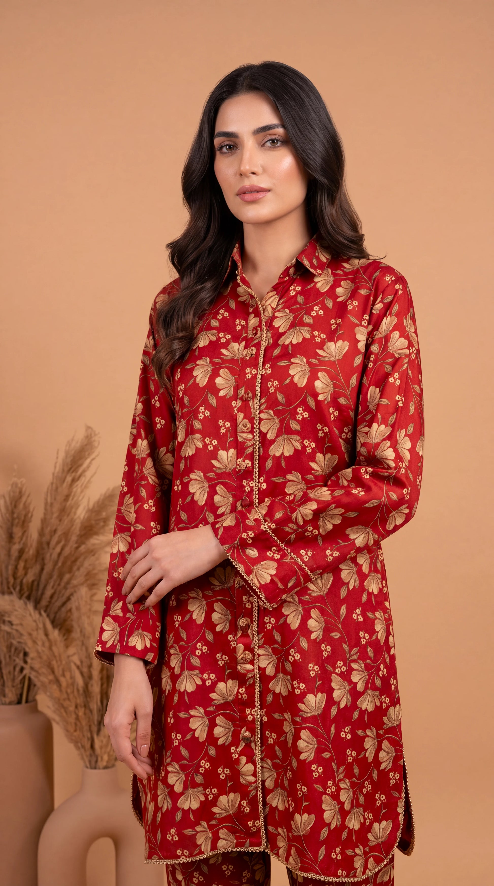 Women's Pret Wear PE00864 Rust Floral Printed Co-Ord 2 Piece MEHROON / SML
