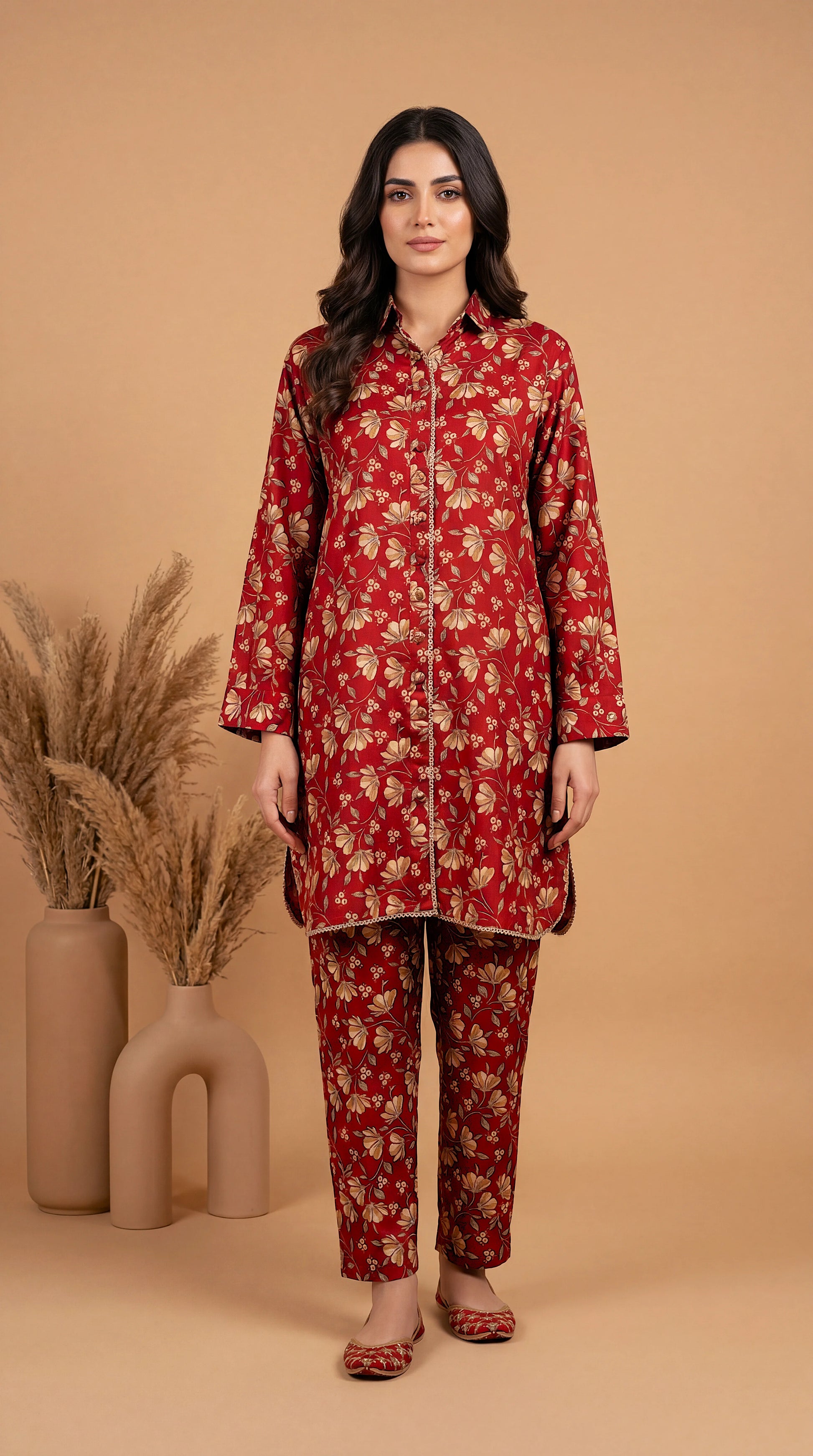 Women's Pret Wear PE00864 Rust Floral Printed Co-Ord 2 Piece MEHROON / SML