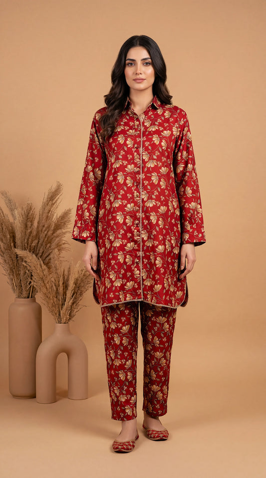 Women's Pret Wear PE00864 Rust Floral Printed Co-Ord 2 Piece MEHROON / SML