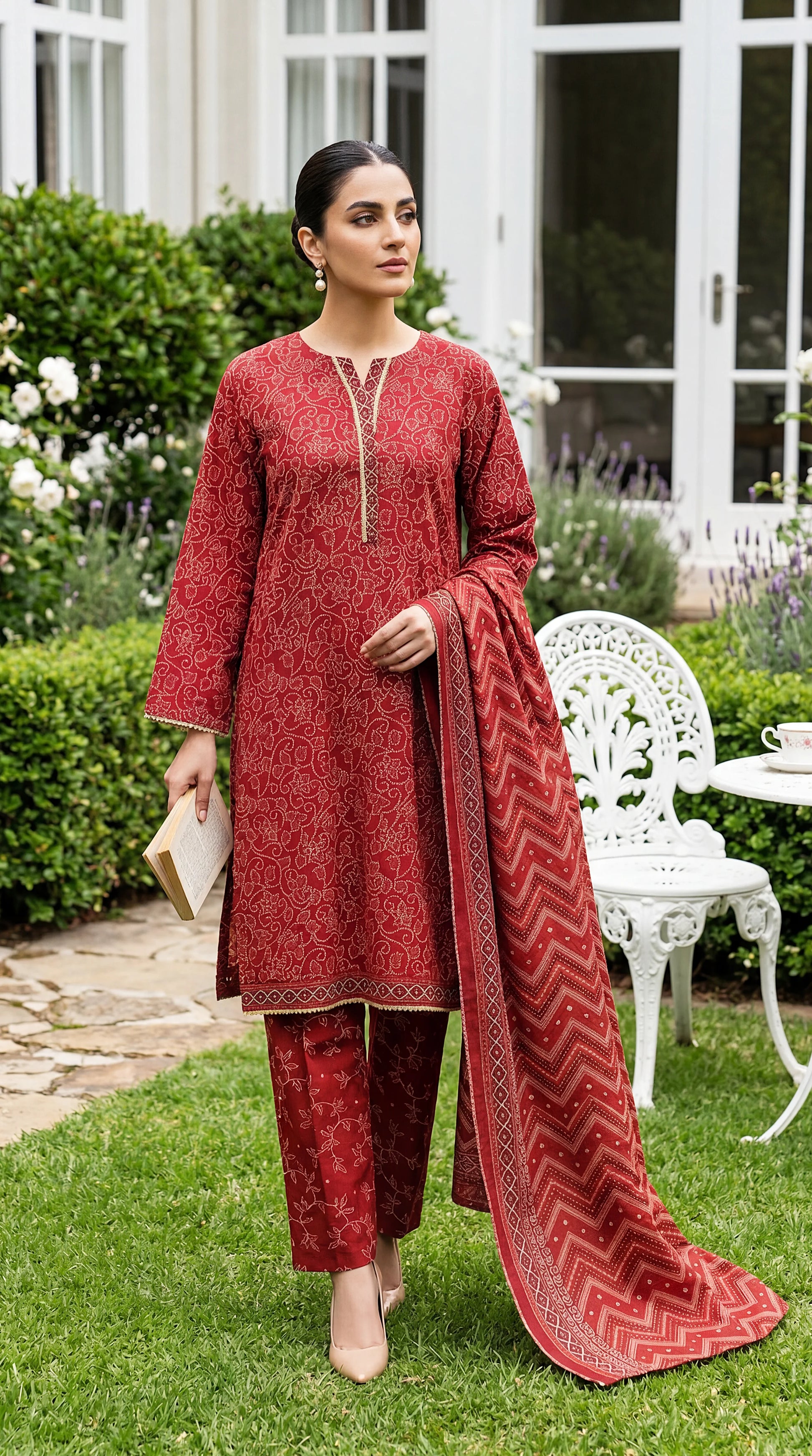 Ladies Suit  PE00869 All-Over Floral Print & Printed Dupatta 3 Piece MEHROON / SML