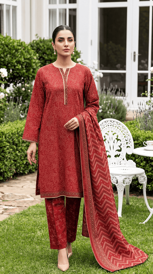Ladies Suit  PE00869 All-Over Floral Print & Printed Dupatta 3 Piece MEHROON / SML