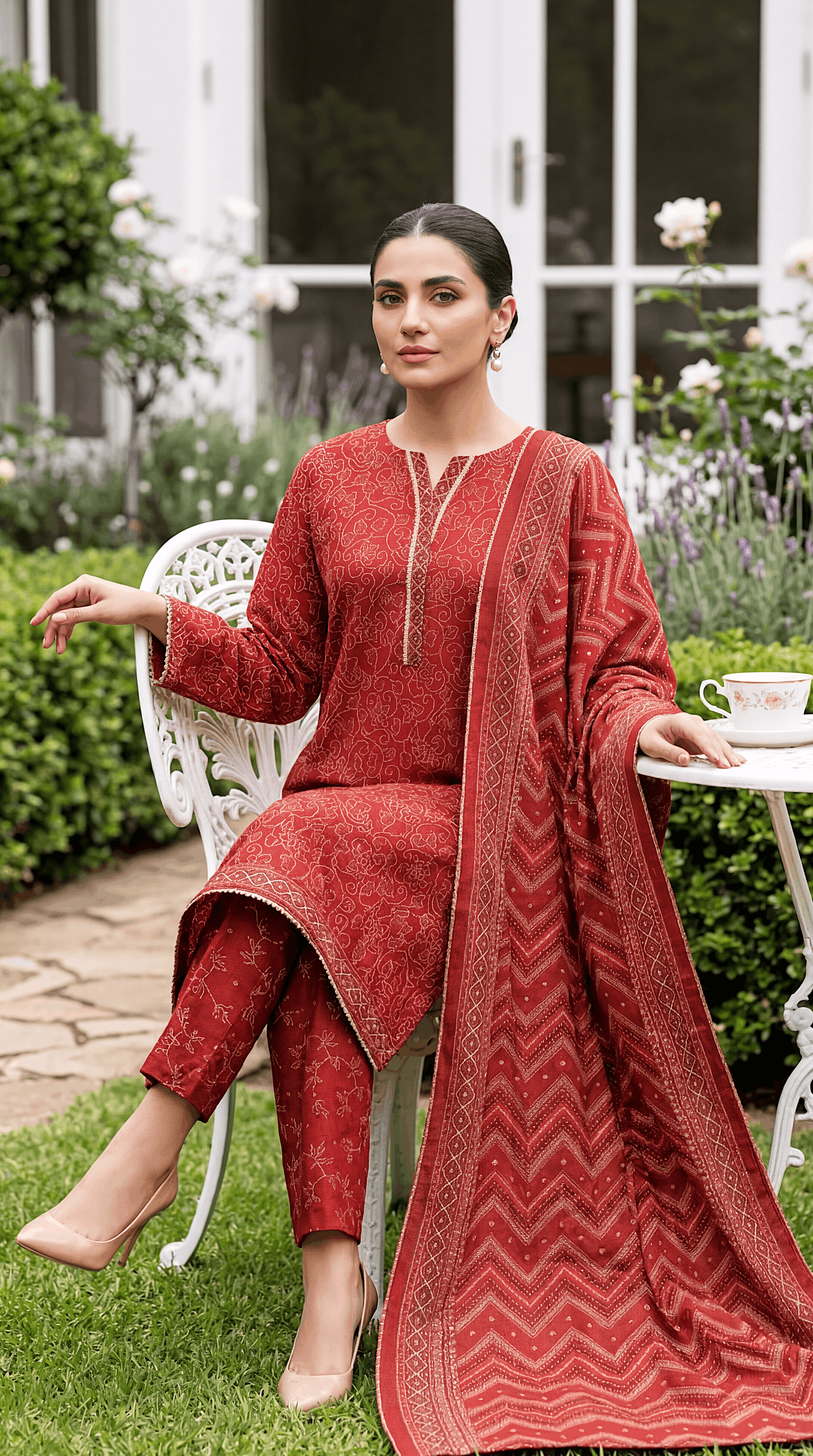 Ladies Suit  PE00869 All-Over Floral Print & Printed Dupatta 3 Piece MEHROON / SML