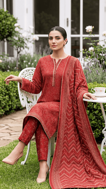 Ladies Suit  PE00869 All-Over Floral Print & Printed Dupatta 3 Piece MEHROON / SML