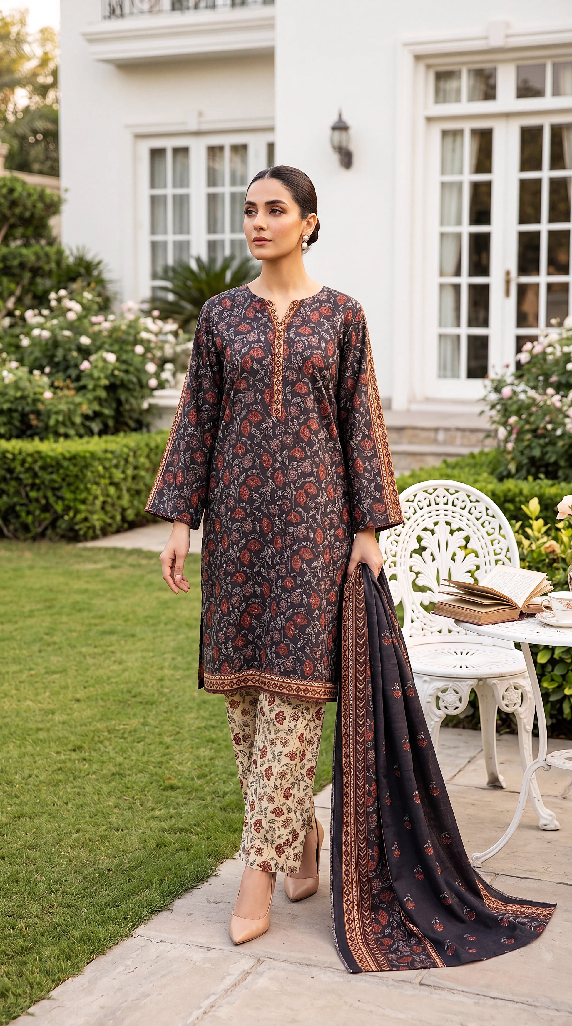Printed  Suit PE00870 Floral Print & Contrast Trouser 3 Piece Soft Texture PURPLE / SML