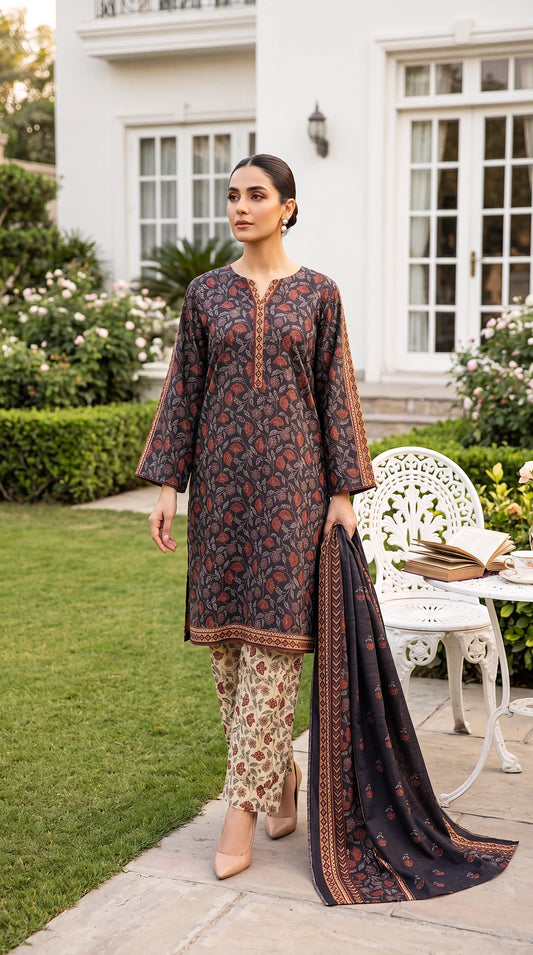 Printed  Suit PE00870 Floral Print & Contrast Trouser 3 Piece Soft Texture PURPLE / SML