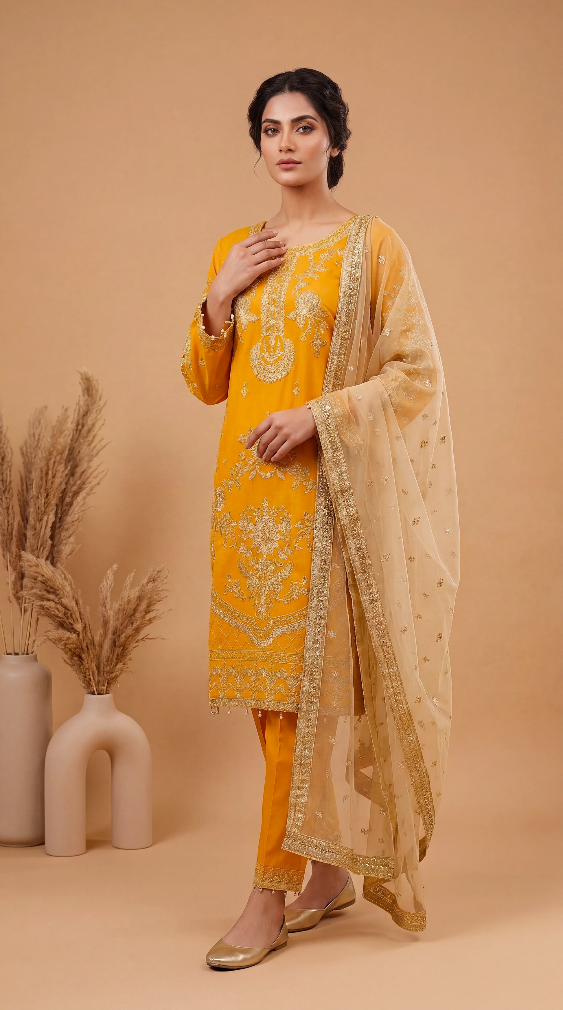 Women's Pret Wear PE00889 Mustard Ethnic Printed Dupatta 3 Piece MASTERD / SML