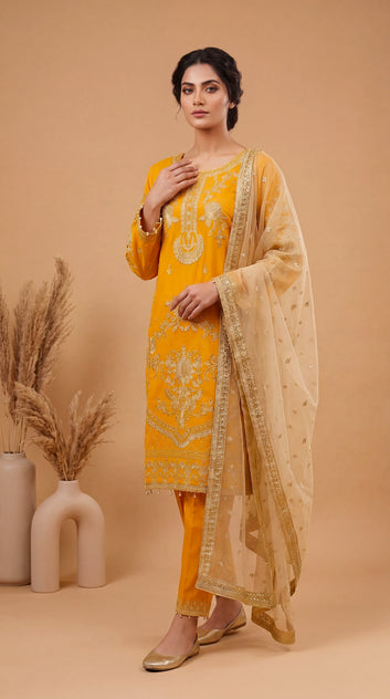 Women's Pret Wear PE00889 Mustard Ethnic Printed Dupatta 3 Piece MASTERD / SML