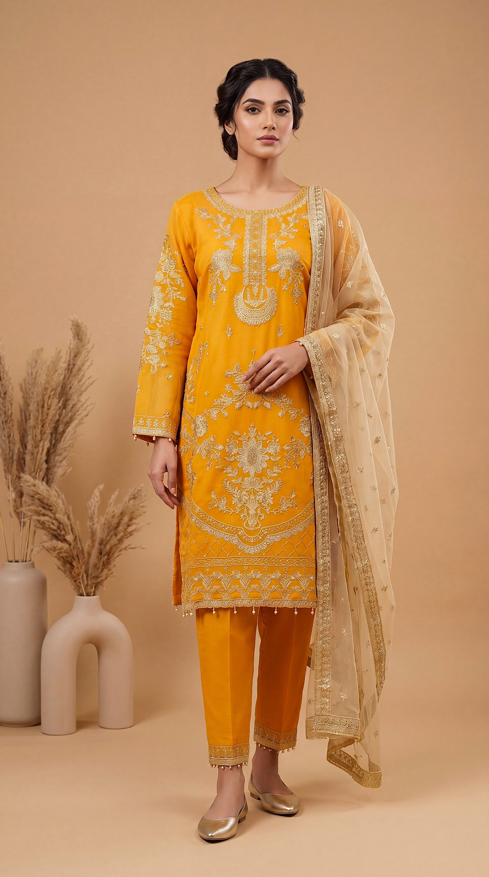 Women's Pret Wear PE00889 Mustard Ethnic Printed Dupatta 3 Piece MASTERD / SML