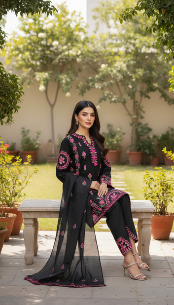 Ladies Suit PE00912 – Black Pink Embroidered  3 Piece Cambric