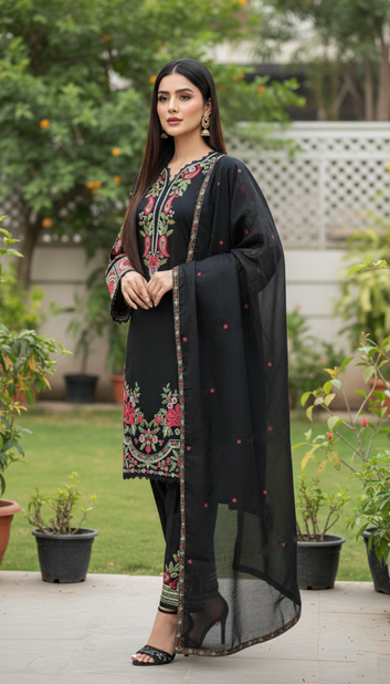 Ladies Suit PE00913 – Black  Floral Embroidered 3 Piece Cambric
